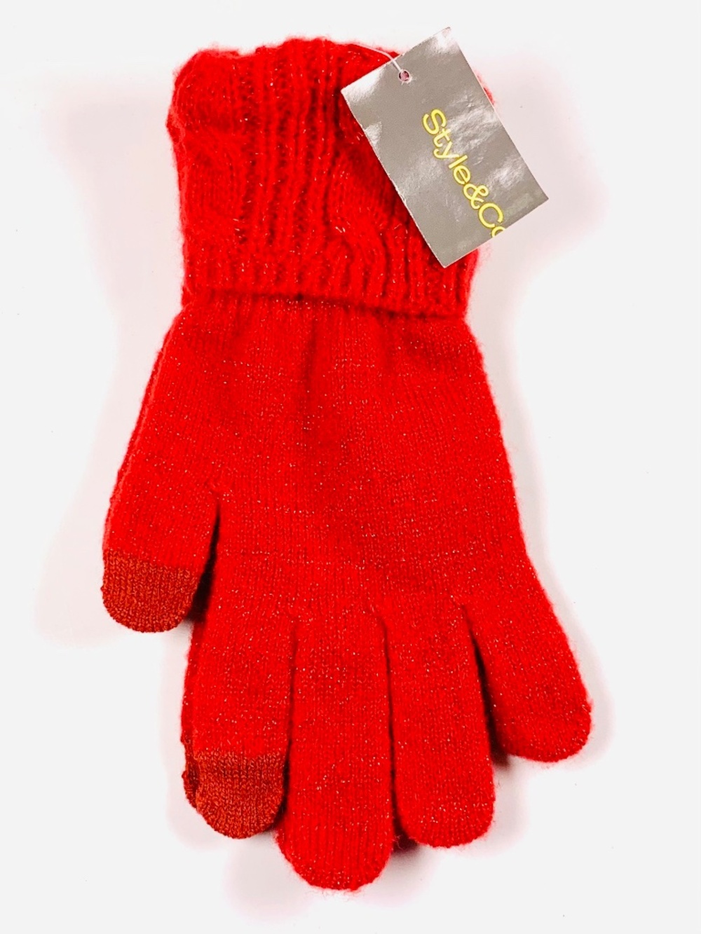 Style & Co Classic Glittery Red Cozy Knit Winter Gloves Woven Metallic Threads